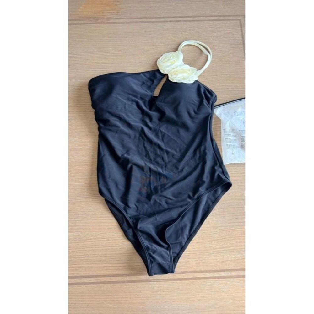 Bathing suit one strap flowers Black Ivory NEW Large